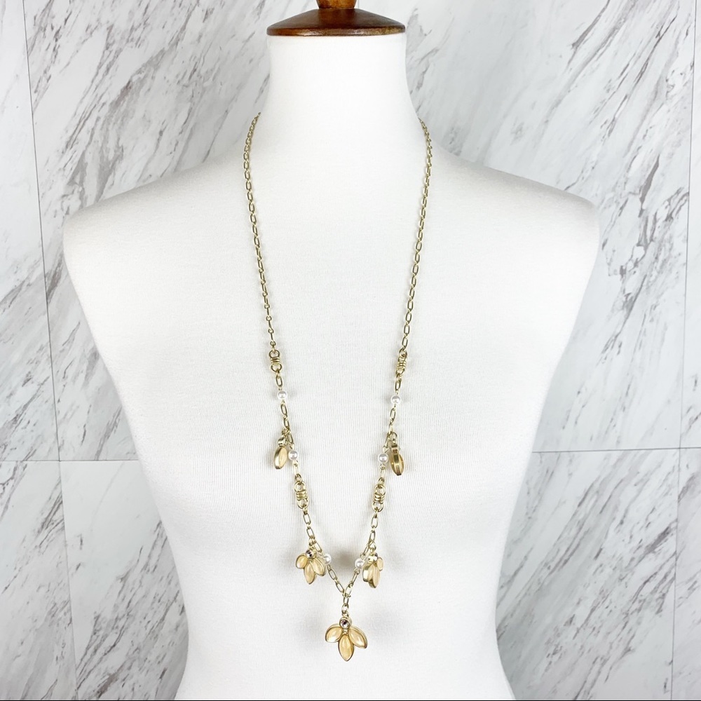 Lia Sophia Gold Tone Flower Drop Necklace Pearl Accents Long Chain Sophisticated